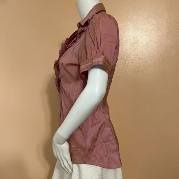 Express Metallic Rose Gold Ruffled V Neck Collar Button Down Blouse - Picture 5 of 7